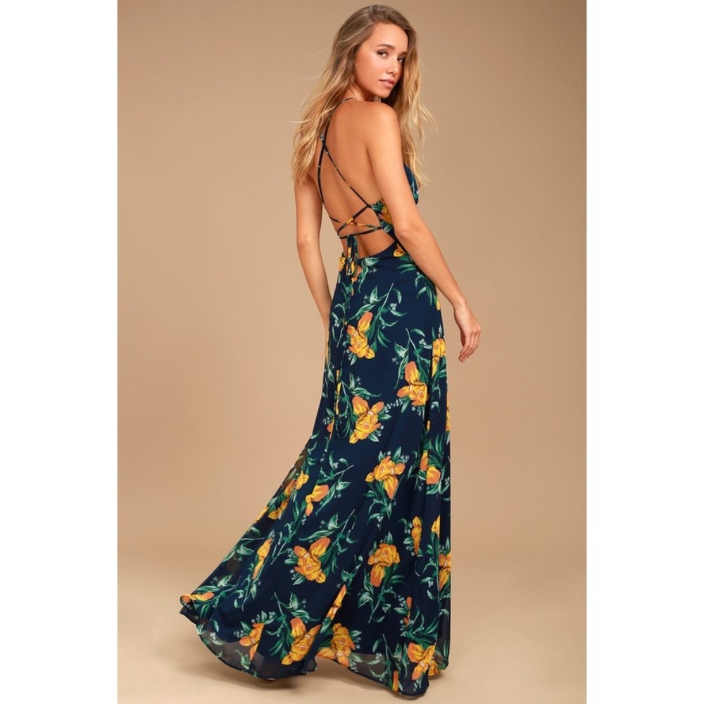 NWT Lulus Navy Blue and Yellow Floral Maxi Dress